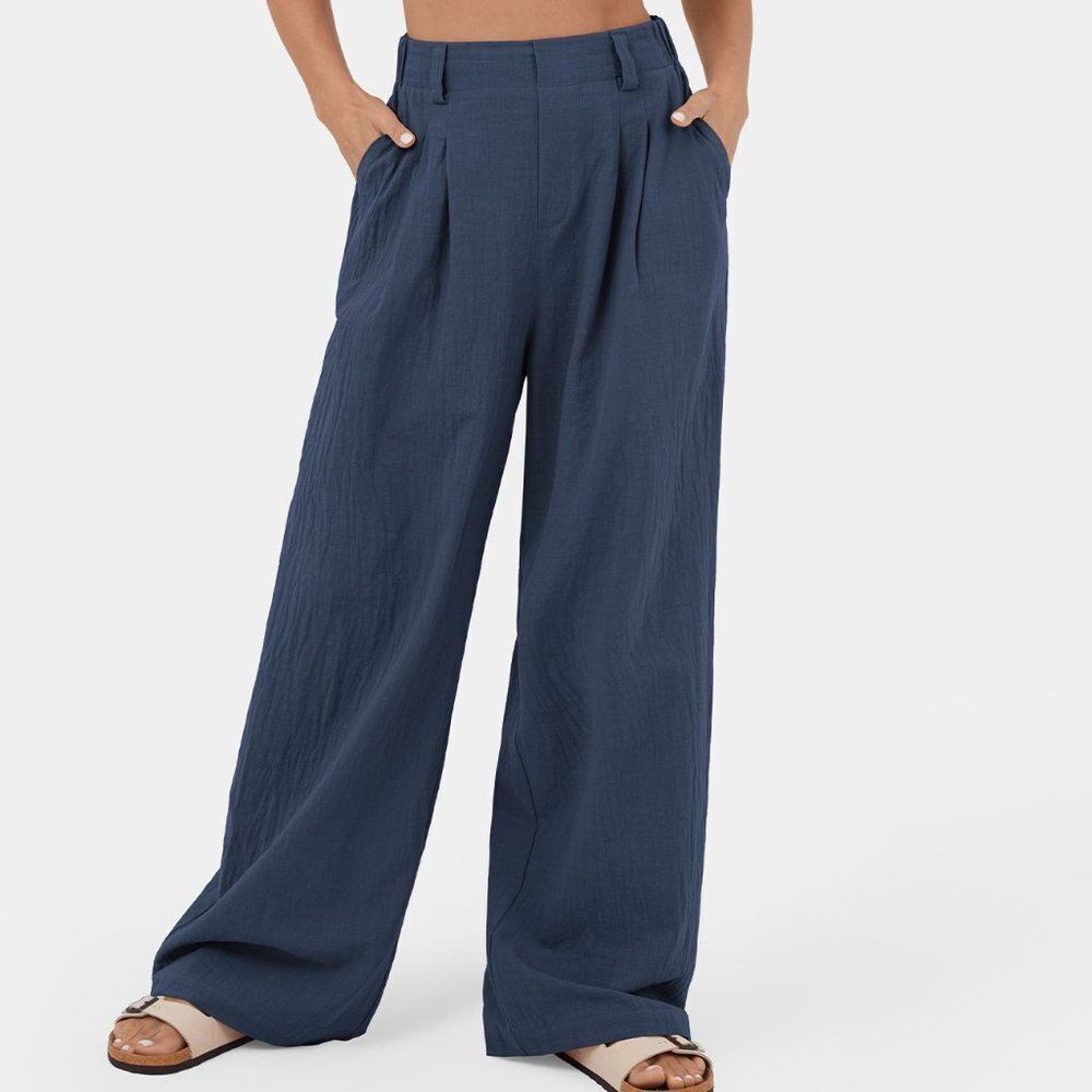 High Waisted Plicated Wide Leg Flowy Solid Palazzo Casual Cotton Pants